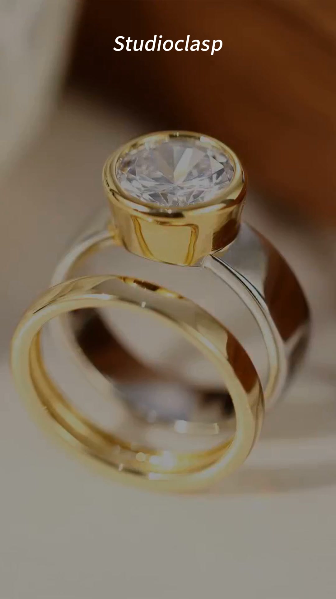 Two Tone Stackable Diamond Ring Set Bezel Set Round Diamond Solid Silver Matching Wedding Band Rings For Couple