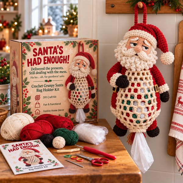 Christmas Crochet Bag Holder DIY Kit – 4 Funny Festive Designs | A Gift With a Bit of British Humour