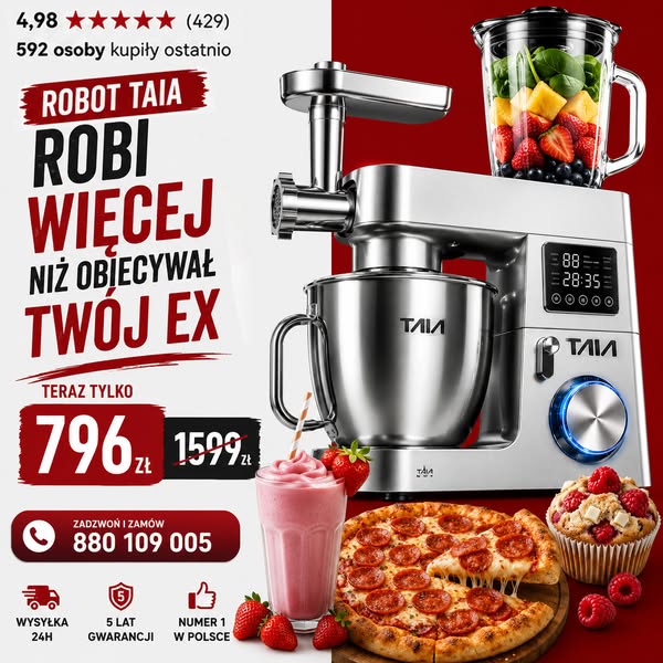 WYPRZEDAŻ ROBOTA TAIA LAVA 1800W misa 6,5 L blender maszynka do mięsa 3 mieszadła LED i zestaw 10w1