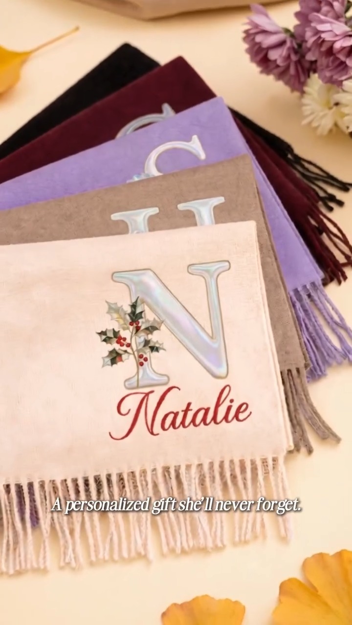Personalized Mother of Pearl Effect Birth Flower & Initial Soft Warm Tassel Scarf Shawl with Name Winter Accessory Christmas Gift for Women