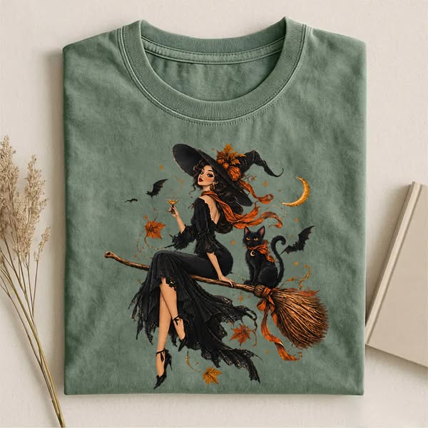 Halloween Black Cat Witch T-shirt