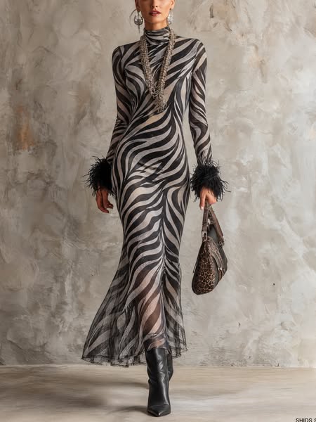 Black And Ivory Zebra Print Long-Sleeve Maxi Dress