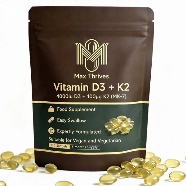 Max Thrives Vegan D3 & K2 Supplements – 180 Softgels - 6 Months Supply