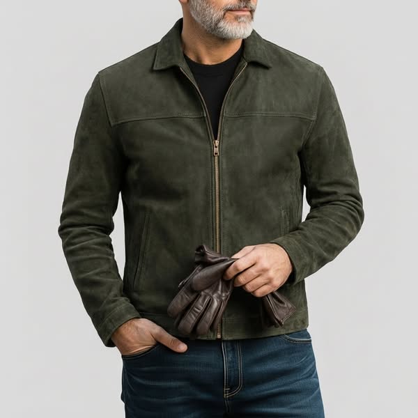 Men's Retro Distressed Suede Shirt Collar Zipper Pocket Long Sleeve Jackets