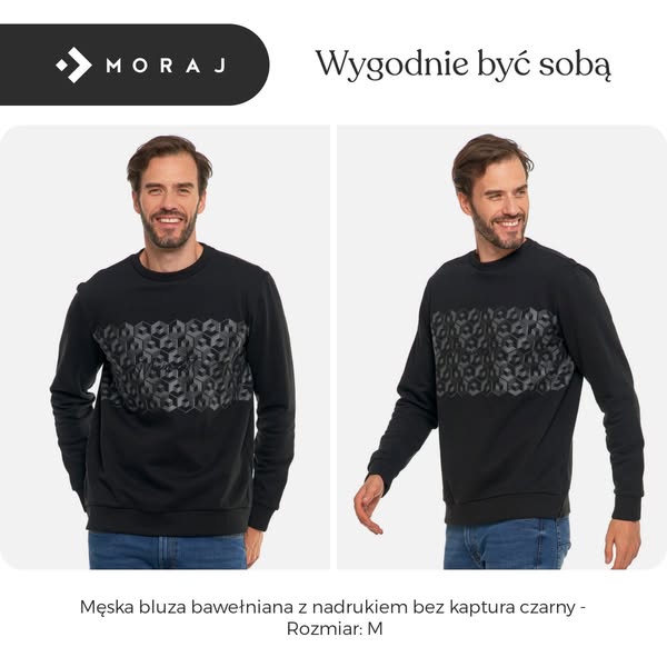 Męska bluza bawełniana z nadrukiem bez kaptura czarny - Rozmiar: M