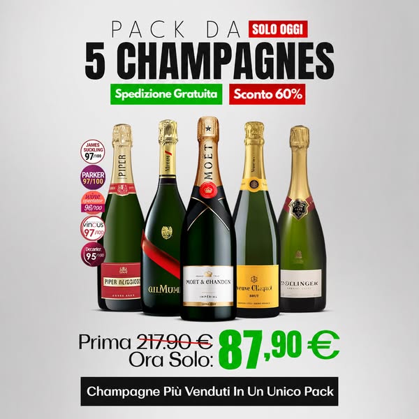 5x750ml: Veuve Clicquot Brut, Moët Impérial, Bollinger Special Cuvée, Mumm Cordon Rouge e Ruinart Brut