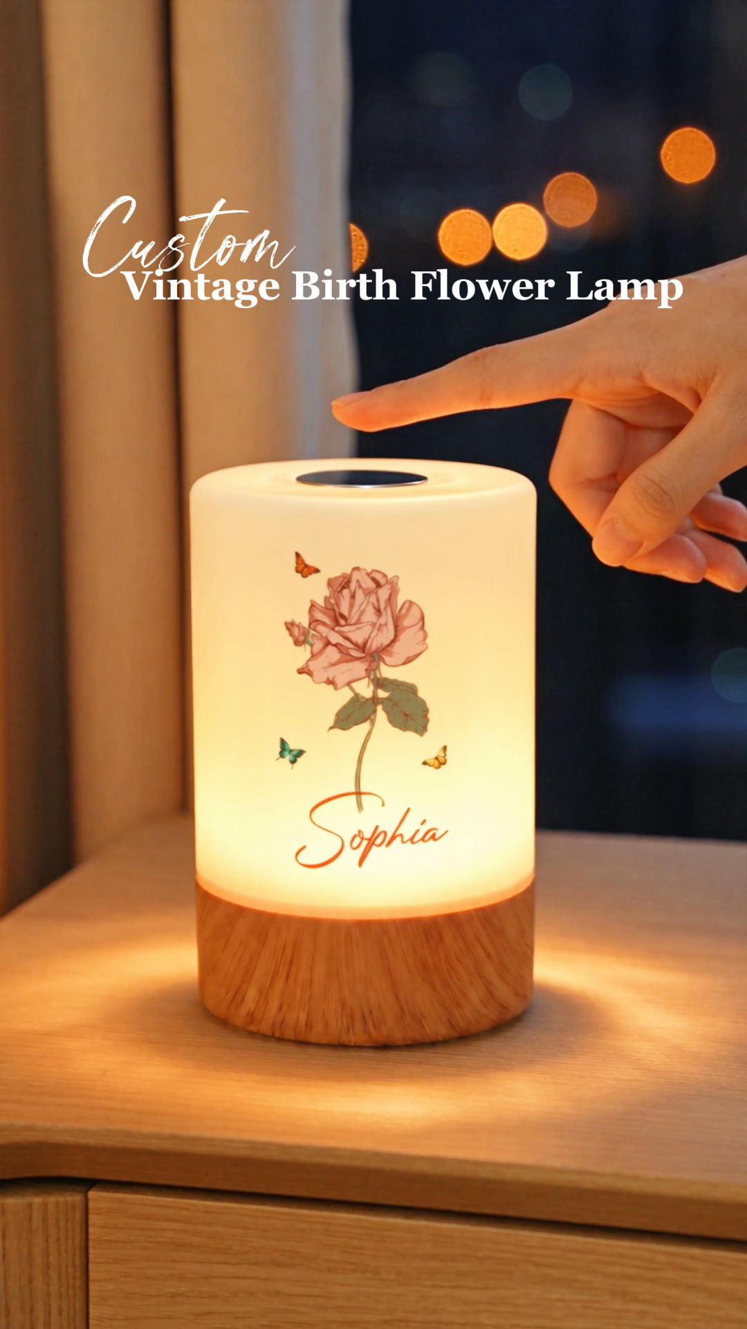 Vintage Birth Flower Night Light with Custom Name, Dimmable Touch Control & Rechargeable Design
