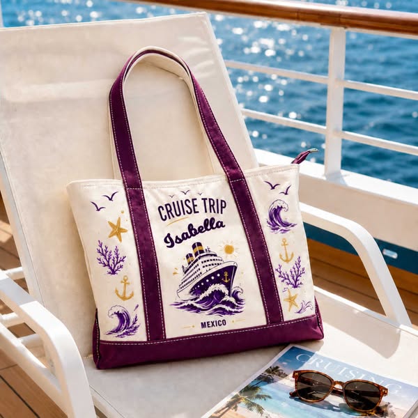 Personalized Name Marine-Themed Cruise Trip Boat Tote Bag, Canvas Beach Tote, Large Capacity Handbag, Vacation Gift for Travelers/Family/Fri