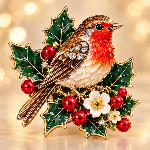 Timeless Yuletide Accessory｜Christmas Robin Holly‑Berry Enamel Brooch!