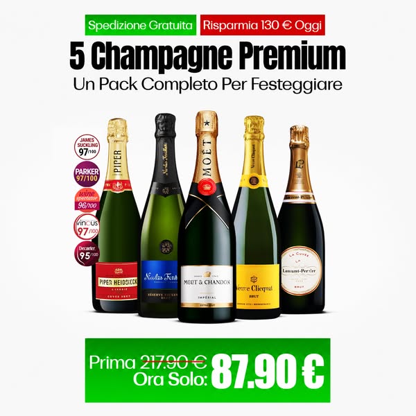5x750ml: Veuve Clicquot Brut, Moët Impérial, Bollinger Special Cuvée, Mumm Cordon Rouge e Ruinart Brut