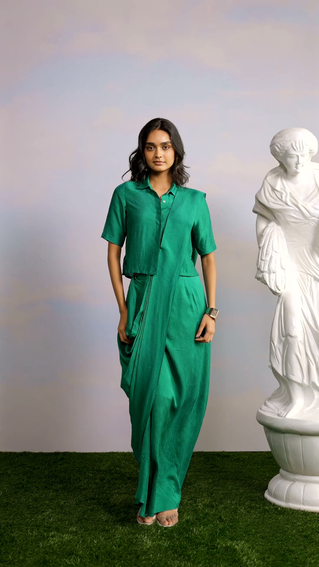 TEXTURED FRONT BUTTON SHIRT & SARI DRAPE SKIRT
