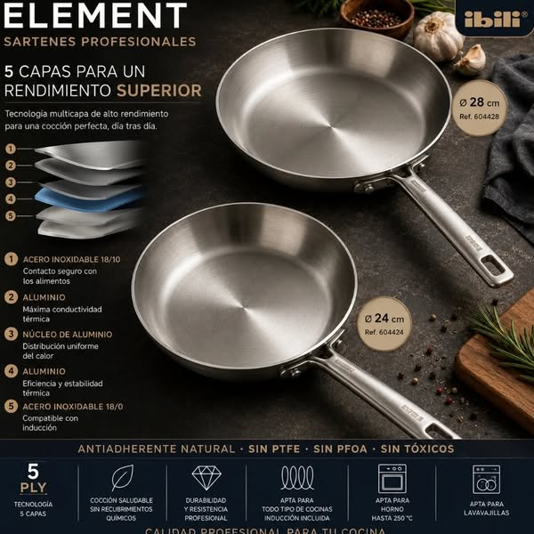 Sartén Acero Inoxidable 5PLY Element Ibili - Tecnología 5 Capas Inducción