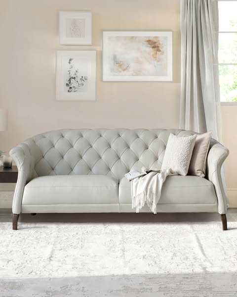 Luxe Light Grey Leather 2 Seater Sofa | Chesterfield Deep Button Detailing | Gently Curved Arms | Medium Support | Wooden Feet | Danetti