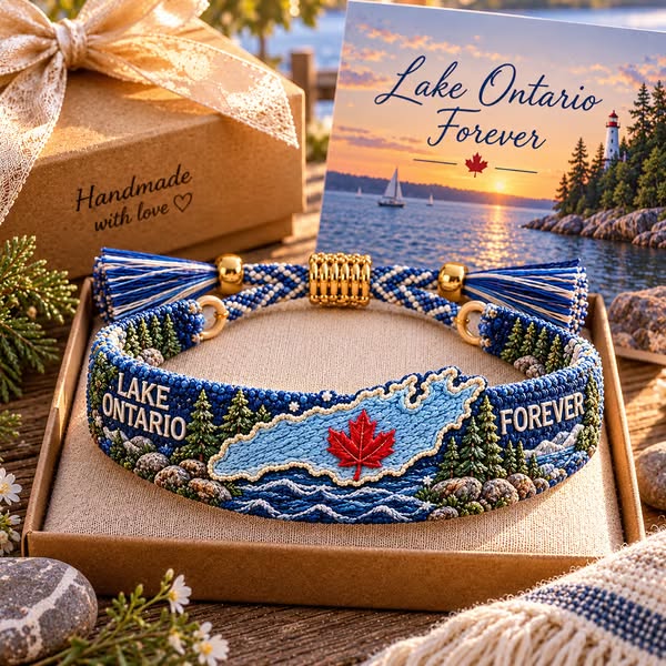 Lake Ontario Forever Embroidered Bracelet | Scenic Lake Design with Adjustable Woven Band, Meaningful Message & Gift-Ready Keepsake Box �