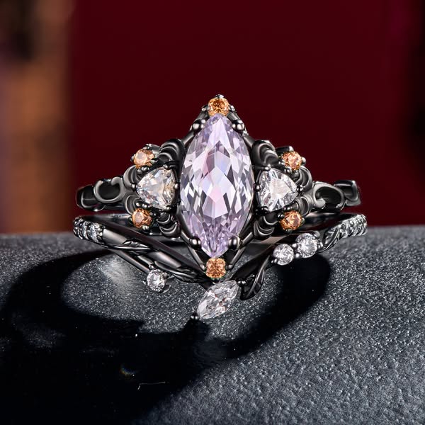 Gothic Royal Purple Marquise Bridal Ring Set