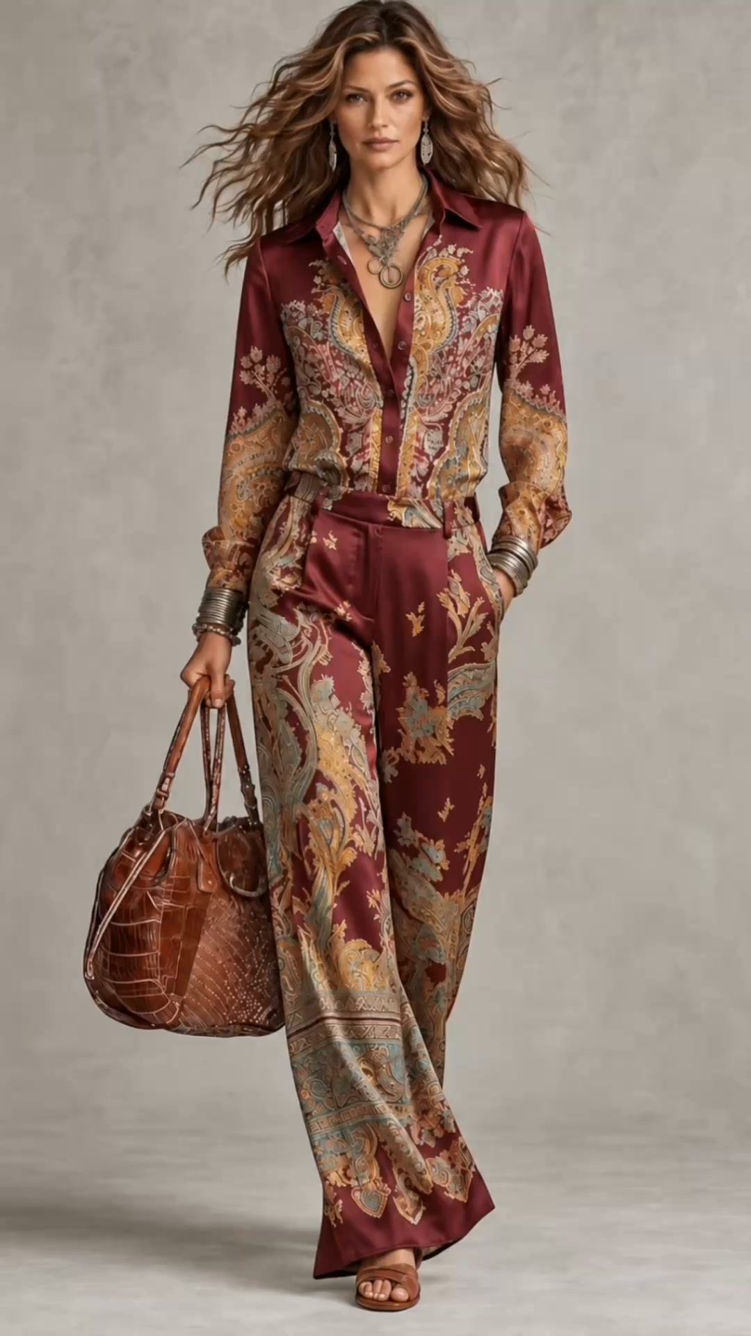 Conjunto satinado cachemire con pantalón ancho