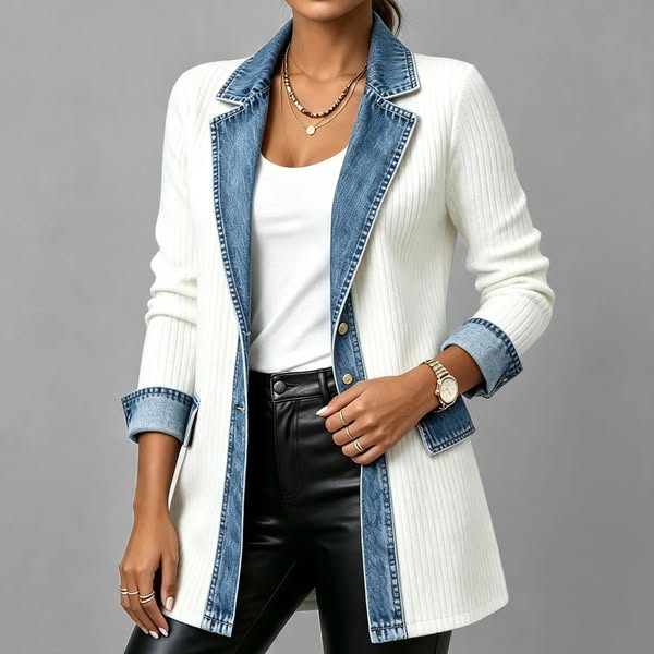 Women's Lapel Collar Button Front Denim Contrast Trim Long Sleeve Ribbed Knit Blazer