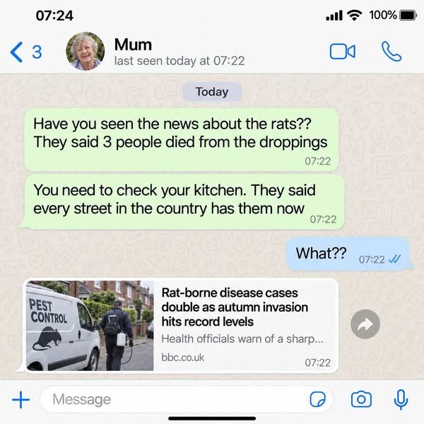 "PLEASE Check Behind the Cooker. I'm Not Joking.", My Mum. 7am. Three Messages.