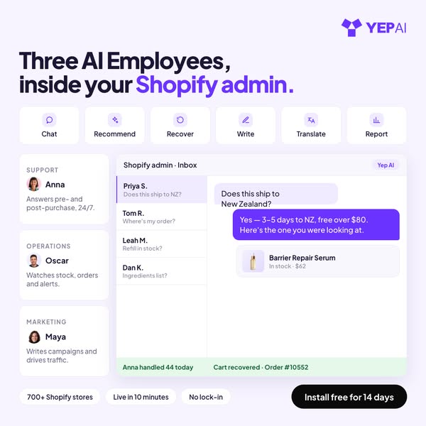 Three AI Employees. One Shopify Admin.