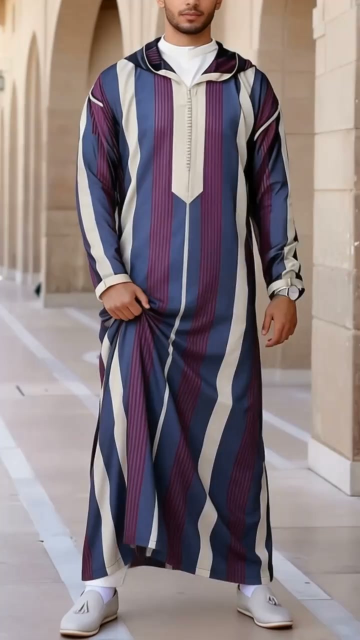 Men's Striped Hooded Full‑Zip Thobe Kaftan Robe
