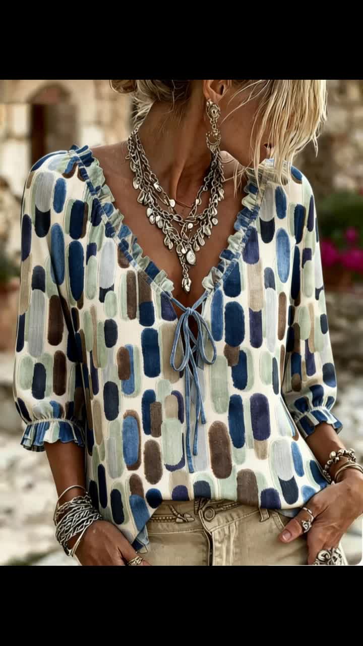 Color-Block Ruffle Tie V-Neck Blouse