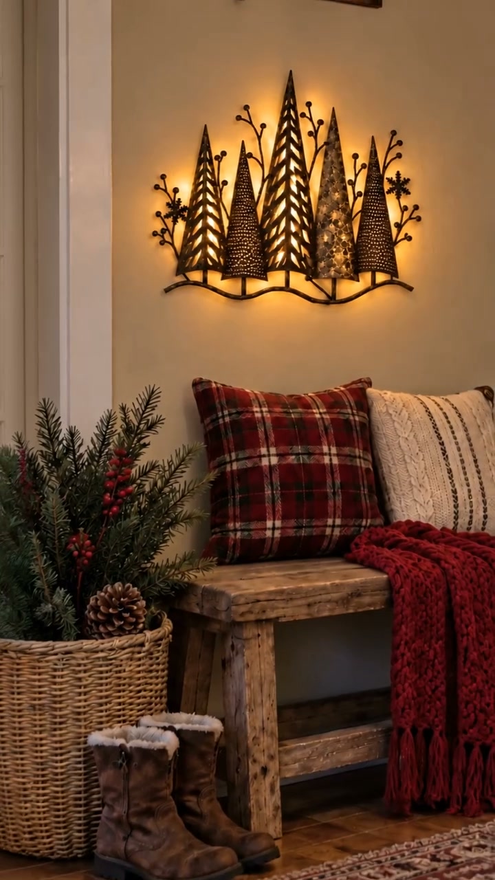 Decorazione da parete luminosa con bosco di abeti