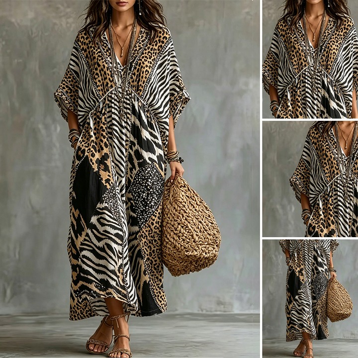 V-Neck Leopard Print Bat Sleeve Dress
