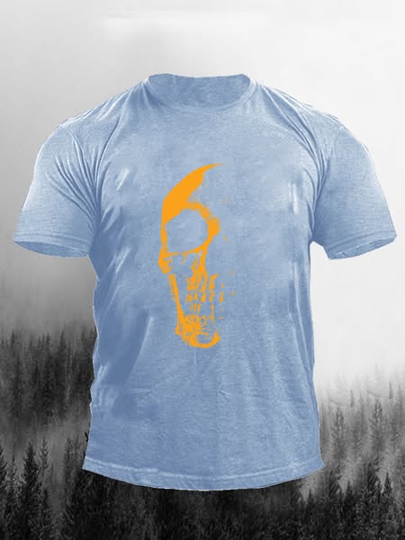 Illuminated Skull Orange Paint Creation Print Short Sleeve T-Shirt Light-Blue-S