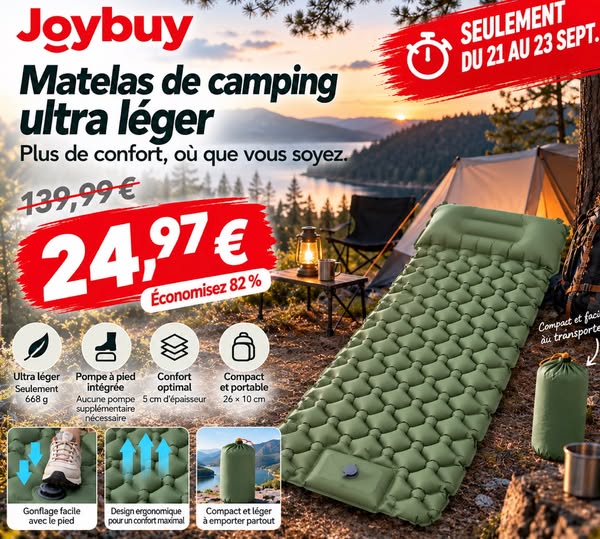 VXOYO Tapis de couchage de camping - Taille simple 192×58 cm / 75,6×22,8 in, Tapis gonflable ultraléger avec oreiller intégré et pompe à pie