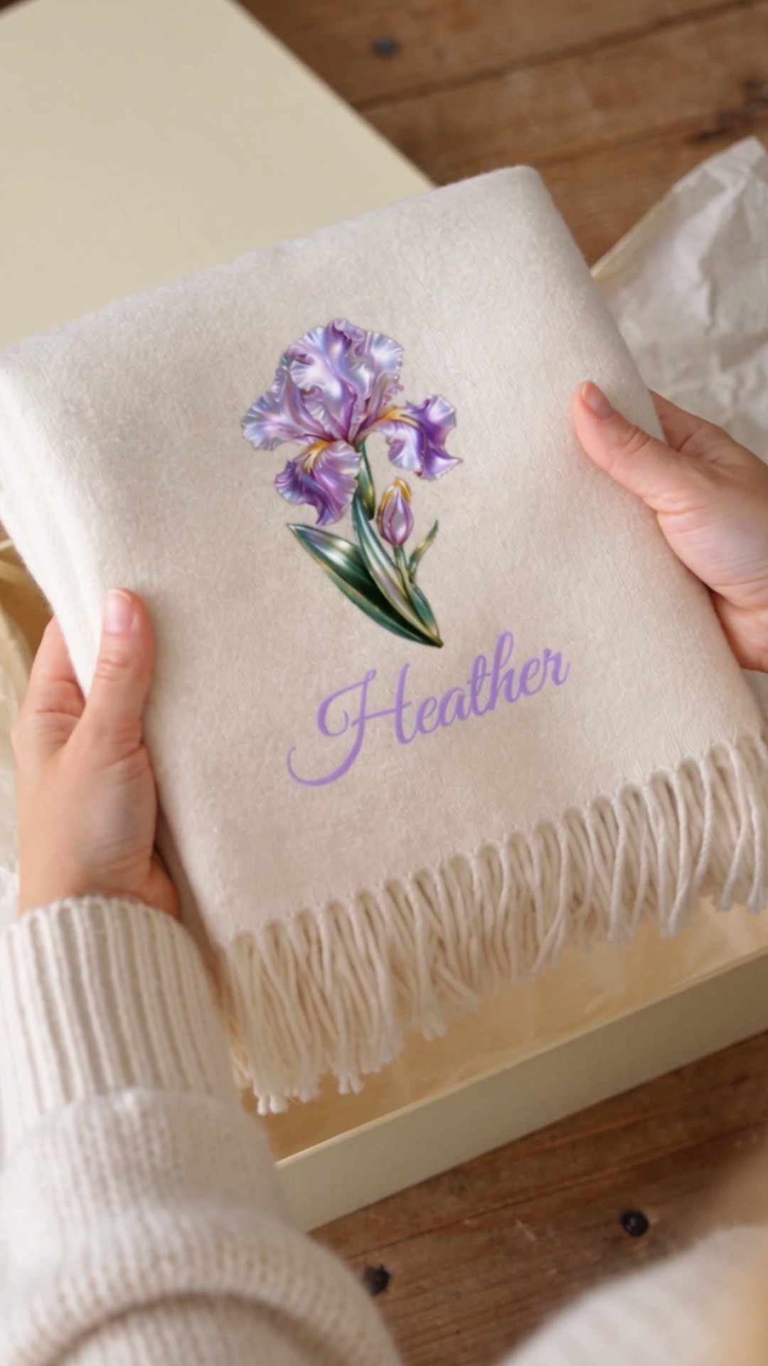 Custom Name Pearl Effect Birth Flower Faux Cashmere Scarf/Shawl with Tassel