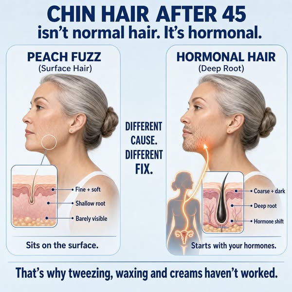 If dark hairs started appearing on your chin after 45, it’s not your fault. It’s your hormones.