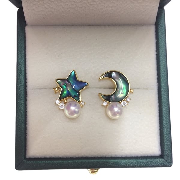 Star & Moon Abalone Shell Mismatched Stud Earrings, Natural Freshwater
