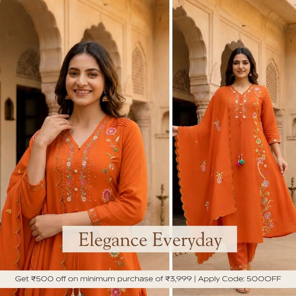 Rust Solid Chanderi Silk Anarkali Kurta Set with Floral Embroidery, V-Neck, Palazzo & Scalloped Poly Chanderi Dupatta
