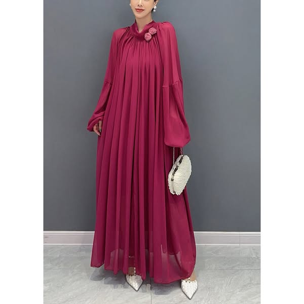 Chinese Style Mulberry Floral Wrinkled Chiffon Long Dress Fall