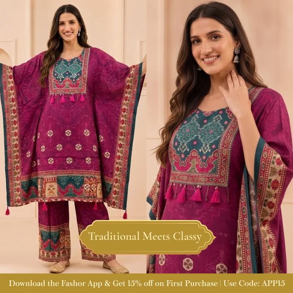 Purple Ethnic Print Muslin Silk Kaftan Co-ord Set with Cutdana Embroidery & Palazzo