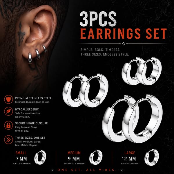 Stainless Steel Classic 3 Pairs Hoop Earrings Set