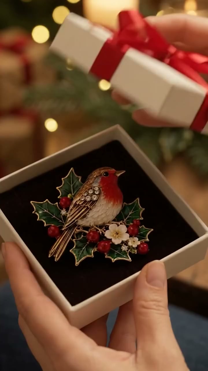 Timeless Yuletide Accessory｜Christmas Robin Holly‑Berry Enamel Brooch!