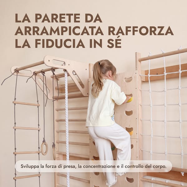 7-in-1 Parete da Arrampicata per Bambini: Spalliera, Prese, Rete, Sbarra Trazioni e Set Altalena 3in1
