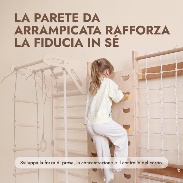 7-in-1 Parete da Arrampicata per Bambini: Spalliera, Prese, Rete, Sbarra Trazioni e Set Altalena 3in1