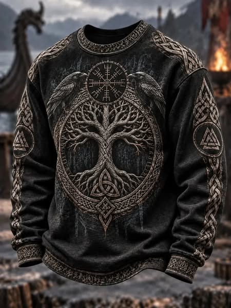 Men's Viking Tree Of Life Flanked By Two Wise Ravens Print Crew Neck Sweatshirt
