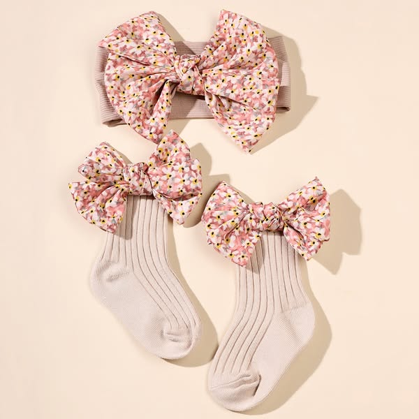 Apricot Bow Decor Baby Headband Socks Set Newborn Infant Bows Hair Accessories For Babies Floral Polyester Casual Fruit Vegetable Pattern