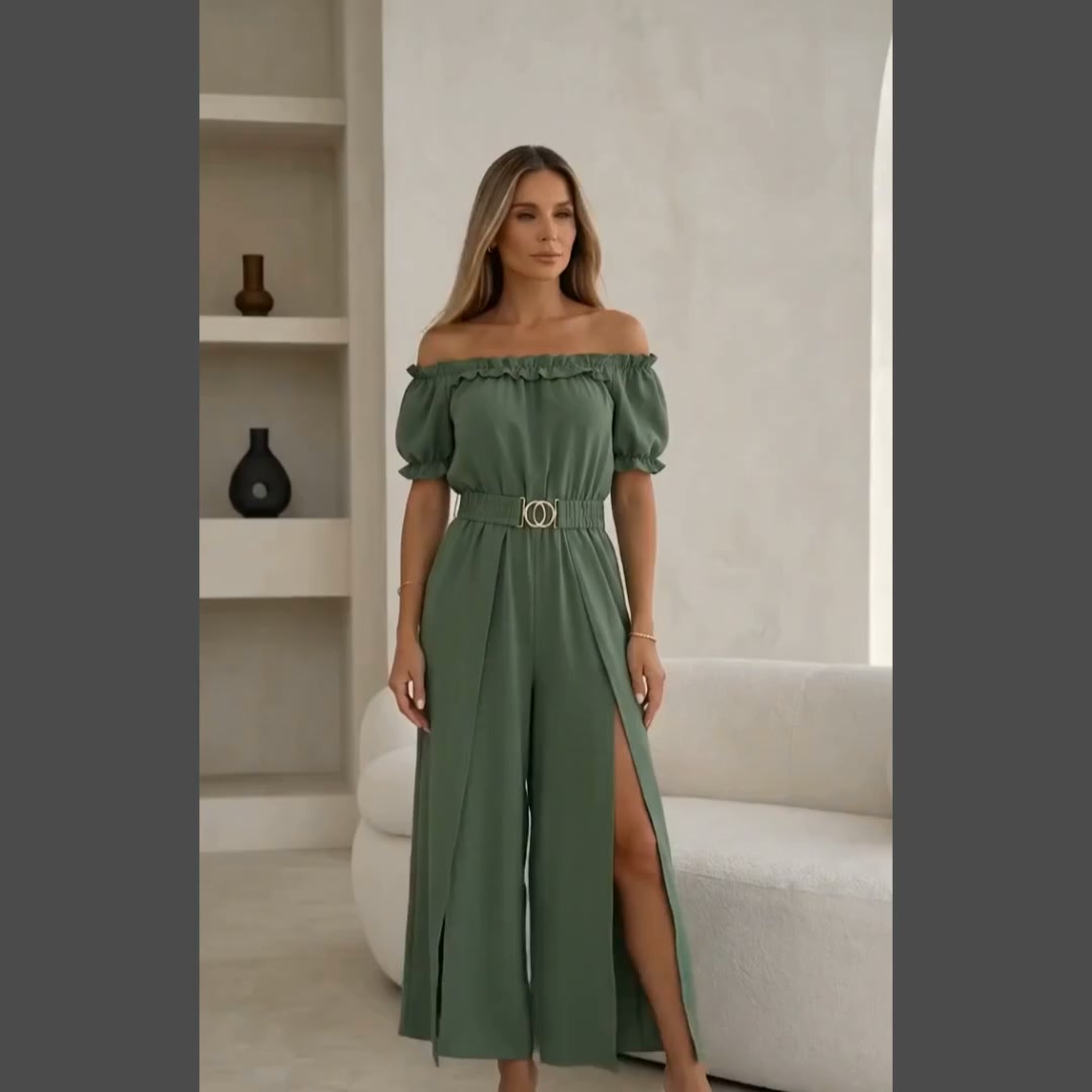 Σετ μπλούζα με έναν ώμο και παντελόνα Χακί One-Size