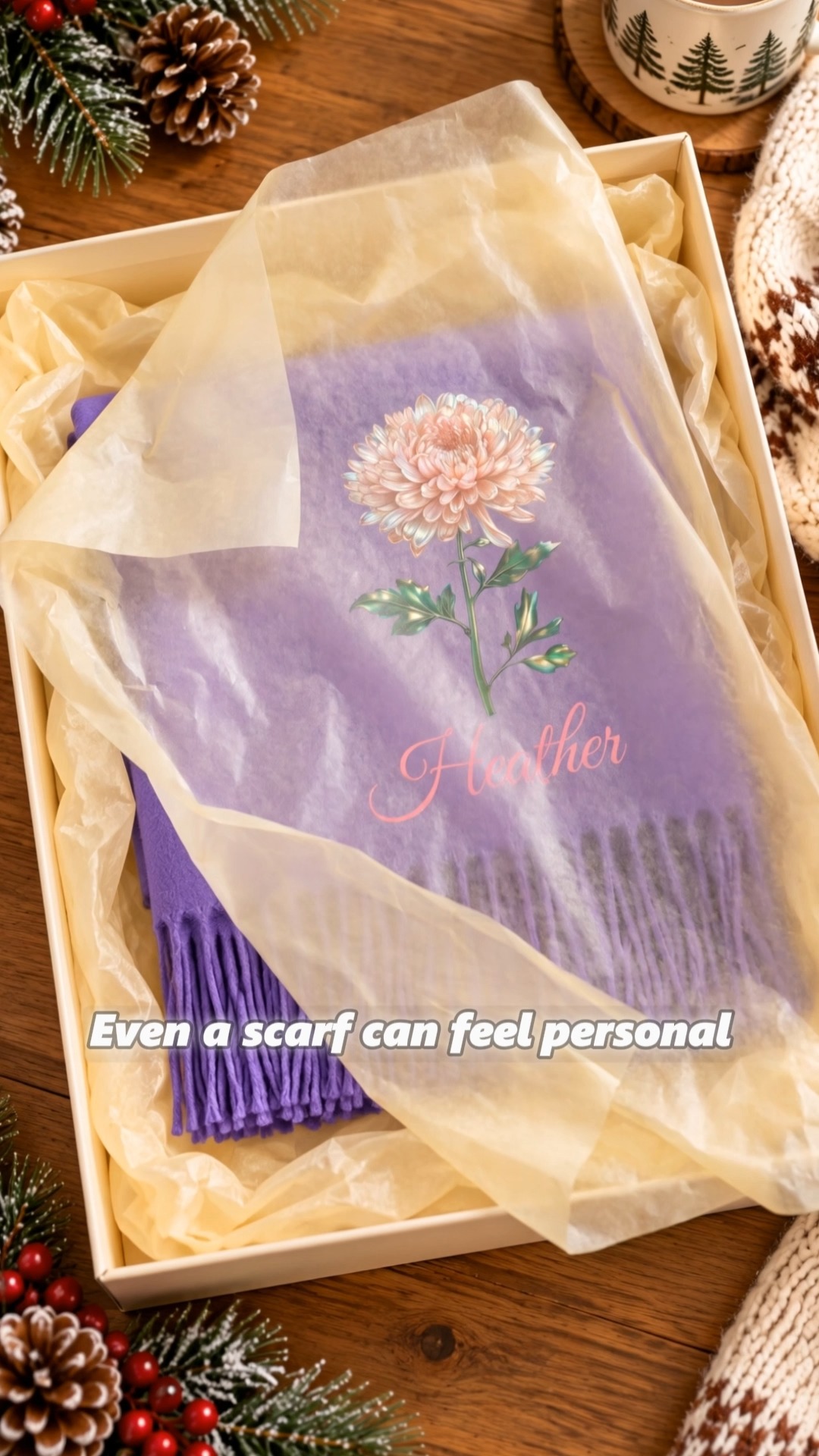 Custom Name Pearl Effect Birth Flower Faux Cashmere Scarf/Shawl with Tassel