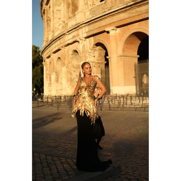Carolina - feather peplum gown "L'arte di Lei" Collection by Walone