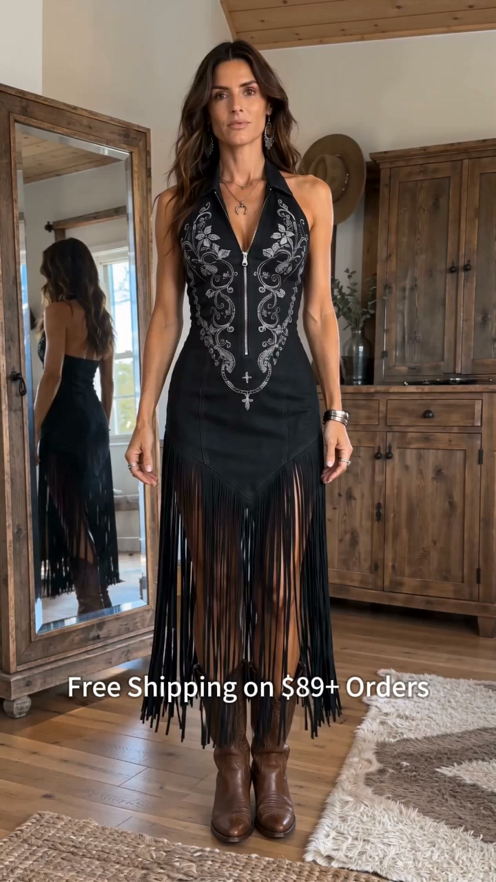 Mystery Black Asymmetric Long Fringe Stretch Slim-Fit Slit Maxi Dress
