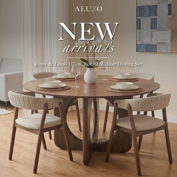 Remy & Linus 137cm Round Walnut Dining Set Round table with a sculptural base. Seats four comfortably.
