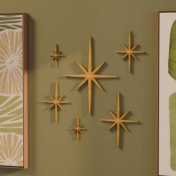 Elongated Mid Century Modern Starbursts Wall Decor, Set of 6 Indoor/Outdoor Atomic Art Retro Home Decor in Multiple Colors MCM StarsBuy 2