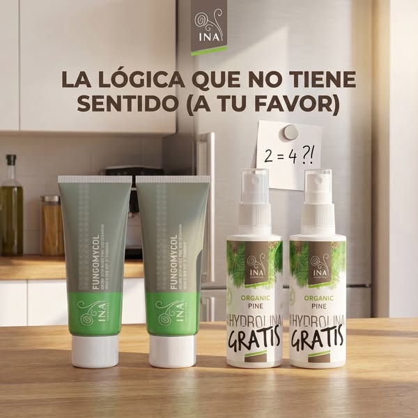 Compra 2 cremas Fungomycol y llévate 2 aguas de pino gratis