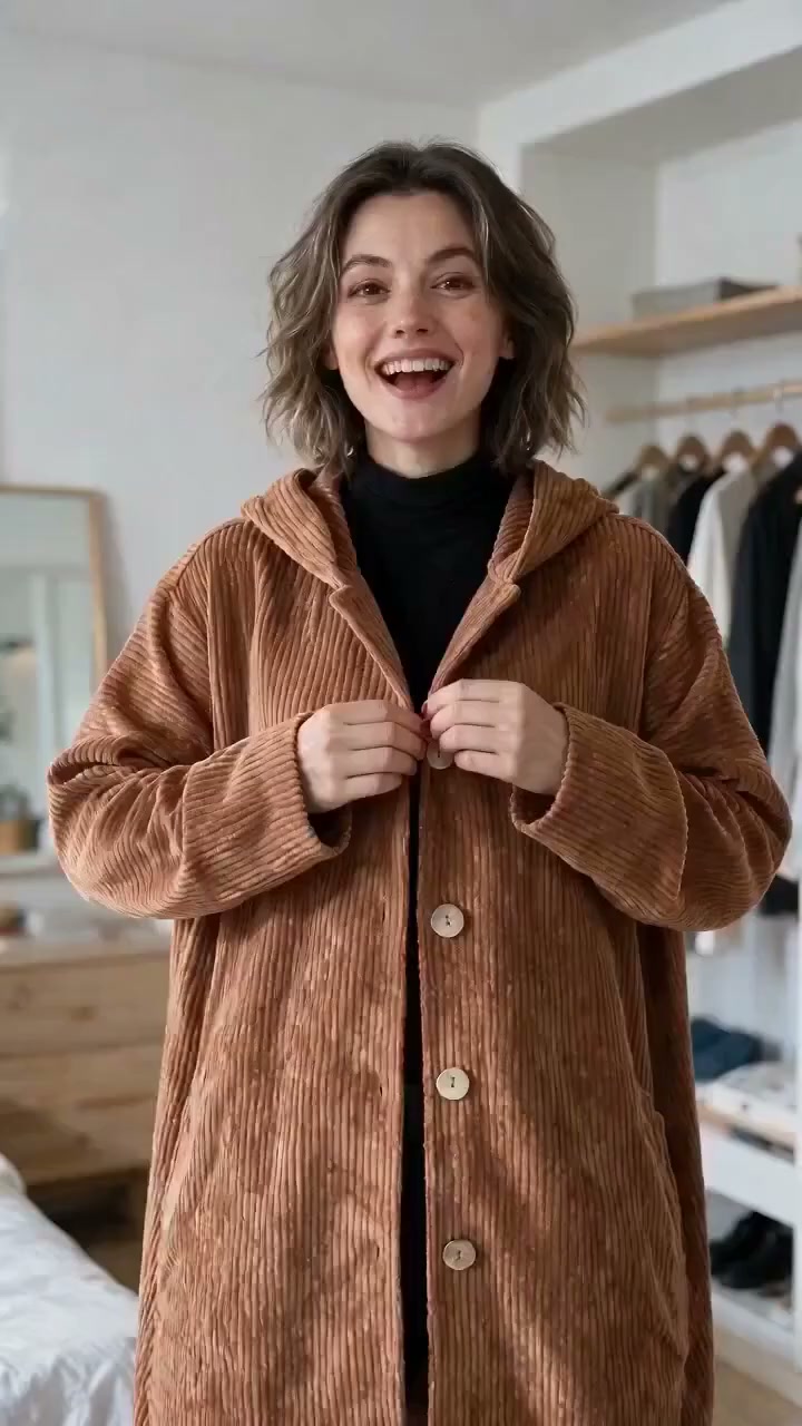 Lässige Cordjacke mit Kapuze für Damen – weiter Schnitt, Knopfleiste (Herbst/Winter 2026)