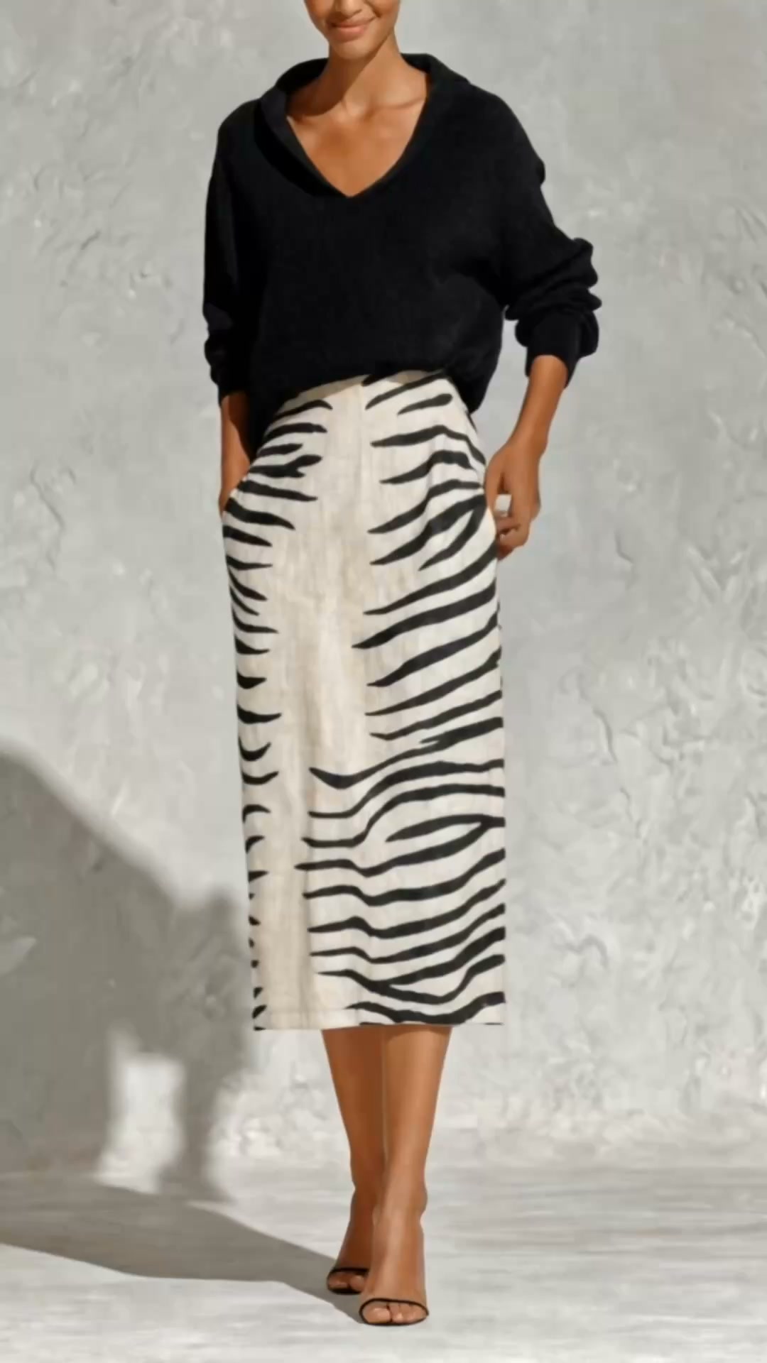 Conjunto de punto y falda midi con estampado cebra